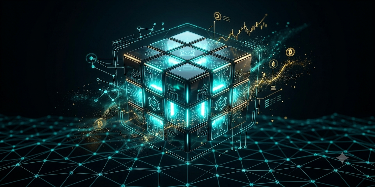 A glowing 3D Rubik's cube rendered with circuit-board and blockchain motifs